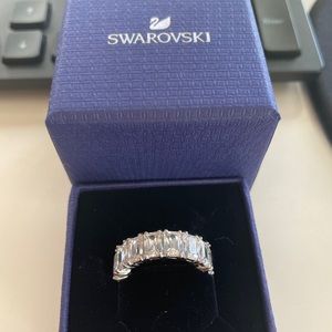 Silver tone baguette crystal wide ring